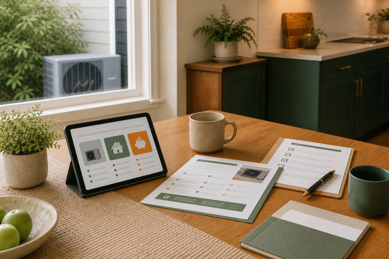 Heat pump incentive documents arranged on a kitchen table
