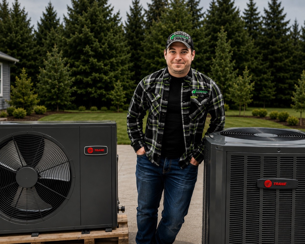 Local heating and cooling specialist standing between two Trane heat pump systems near Canby, Oregon