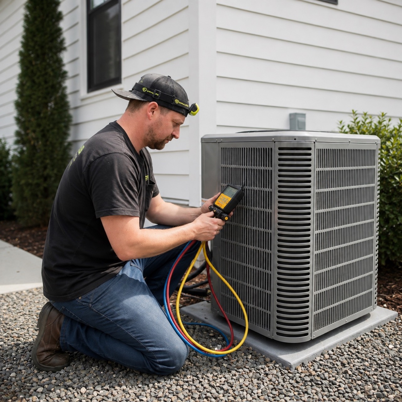 Local HVAC technician testing a newly installed heat pump with digital refrigerant gauges